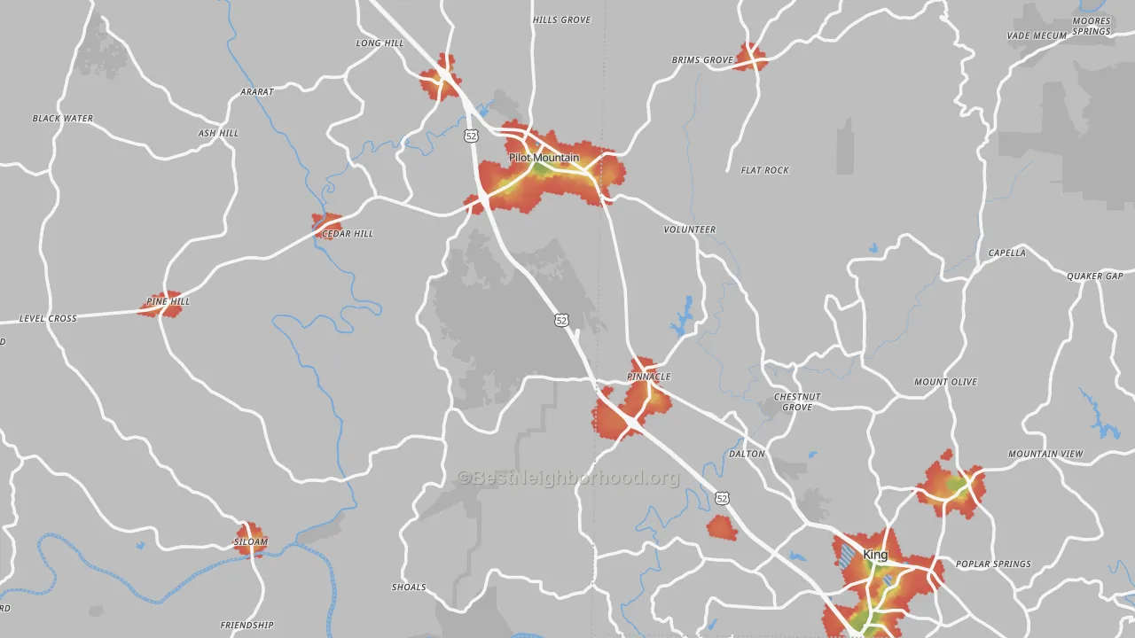 Walk Grade map of Pinnacle, NC, walkable areas in green and car-dependent areas in red