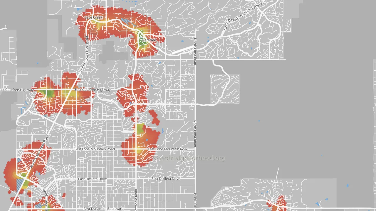 Walk Grade map of Pinnacle Peak, Scottsdale, AZ, walkable areas in green and car-dependent areas in red