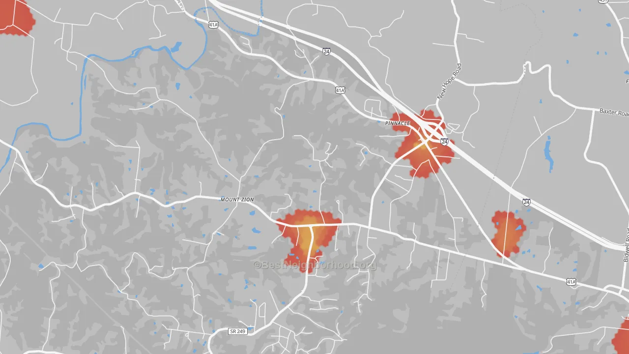 Walk Grade map of Pinnacle, TN, walkable areas in green and car-dependent areas in red