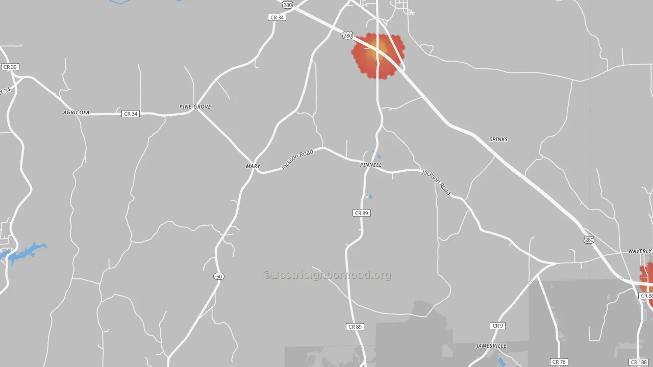 Walk Grade map of Pinnell, AL, walkable areas in green and car-dependent areas in red