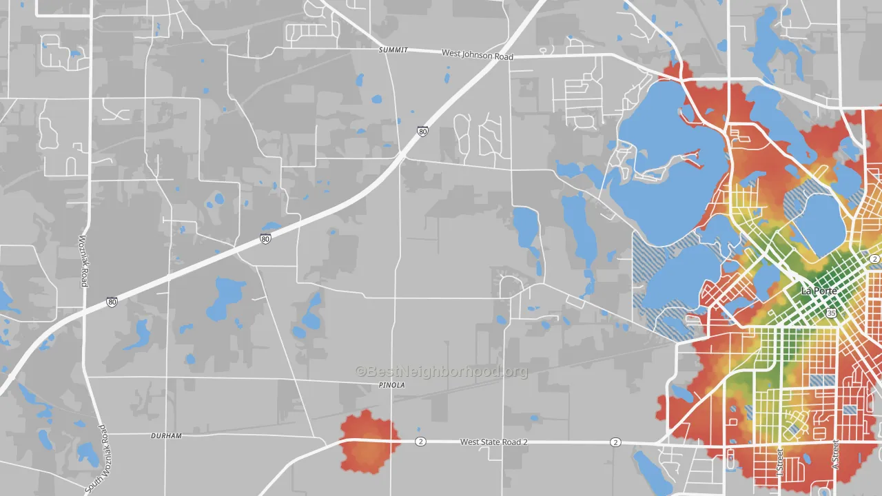 Walk Grade map of Pinola, IN, walkable areas in green and car-dependent areas in red