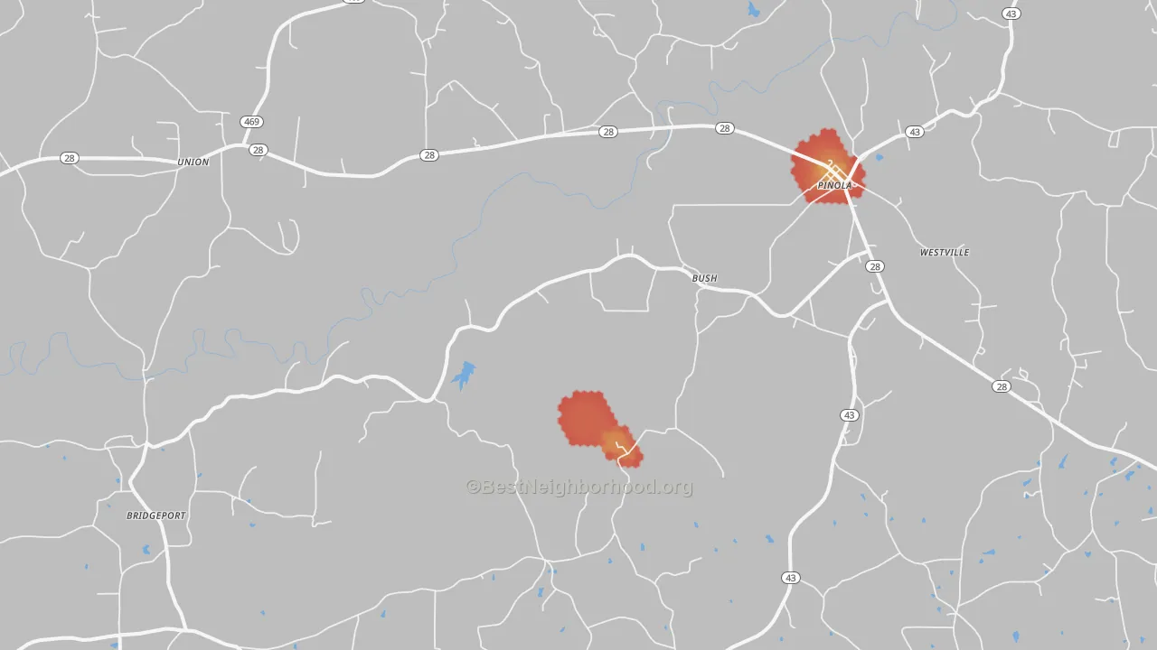 Walk Grade map of Pinola, MS, walkable areas in green and car-dependent areas in red