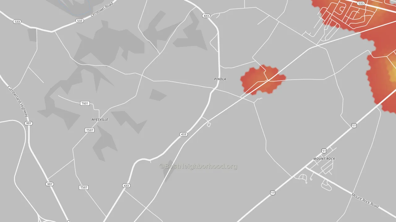 Walk Grade map of Pinola, PA, walkable areas in green and car-dependent areas in red