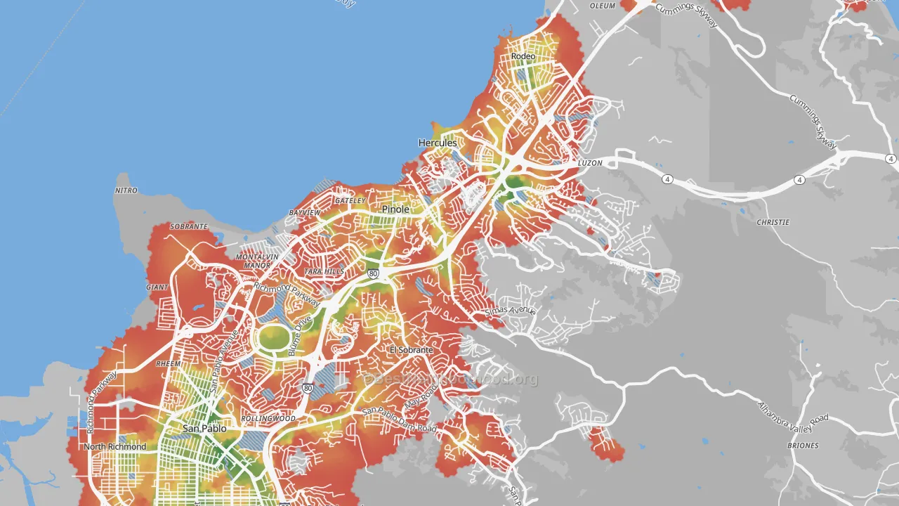 Walk Grade map of Pinole, CA, walkable areas in green and car-dependent areas in red