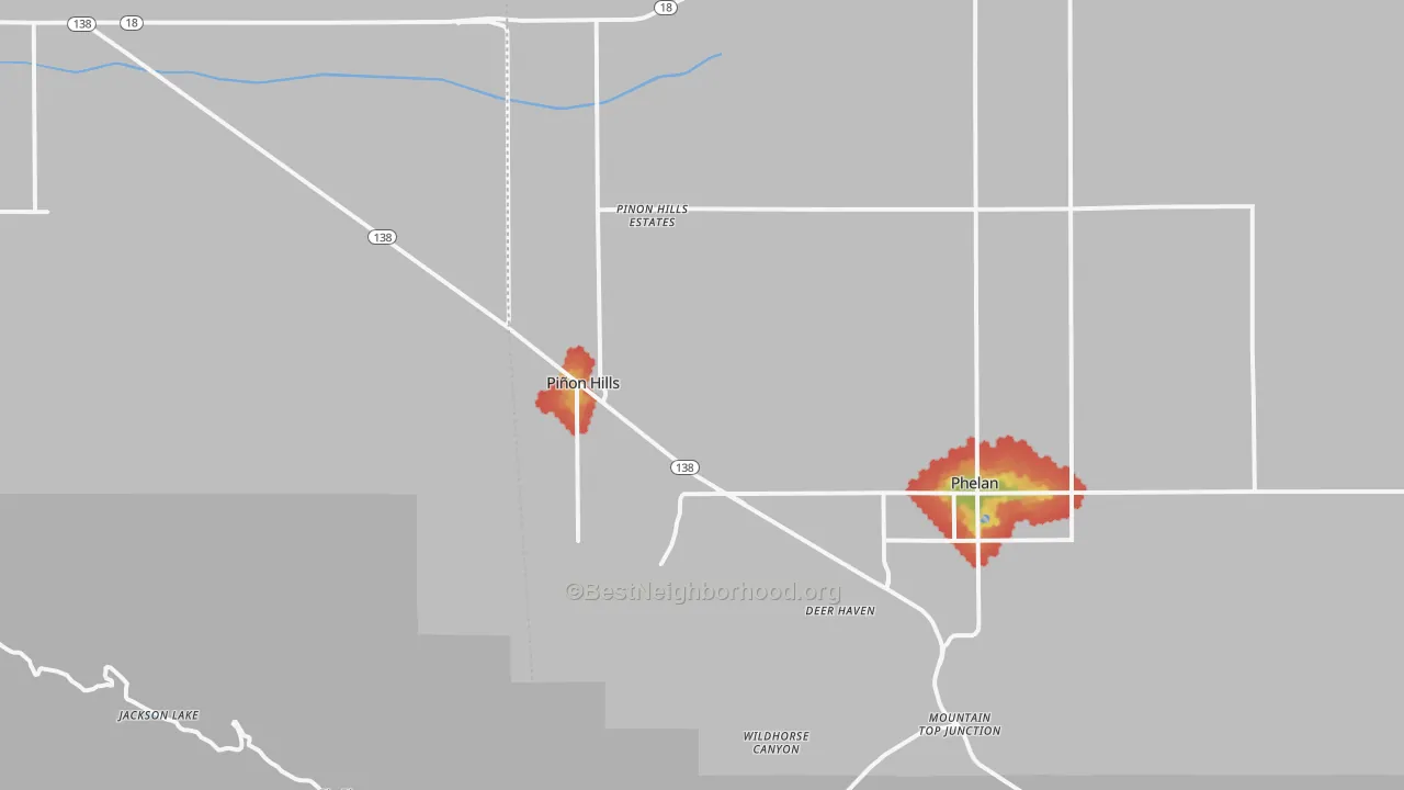 Walk Grade map of Pinon Hills, CA, walkable areas in green and car-dependent areas in red
