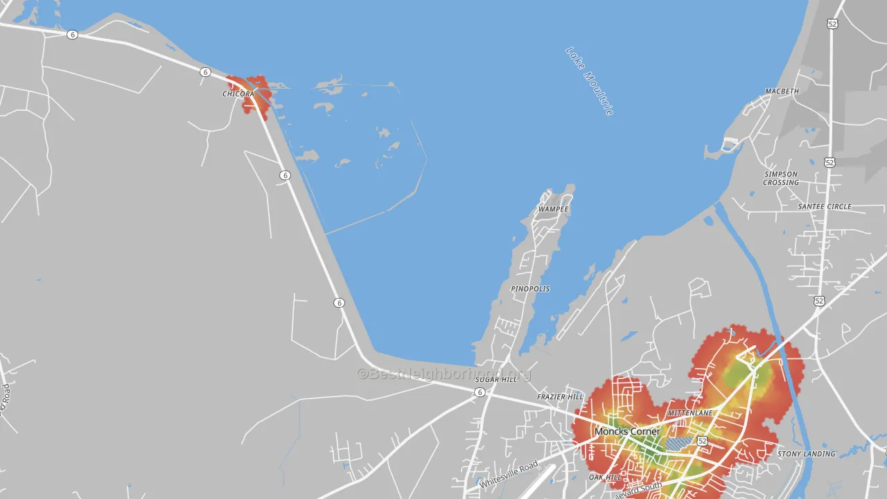Walk Grade map of Pinopolis, SC, walkable areas in green and car-dependent areas in red