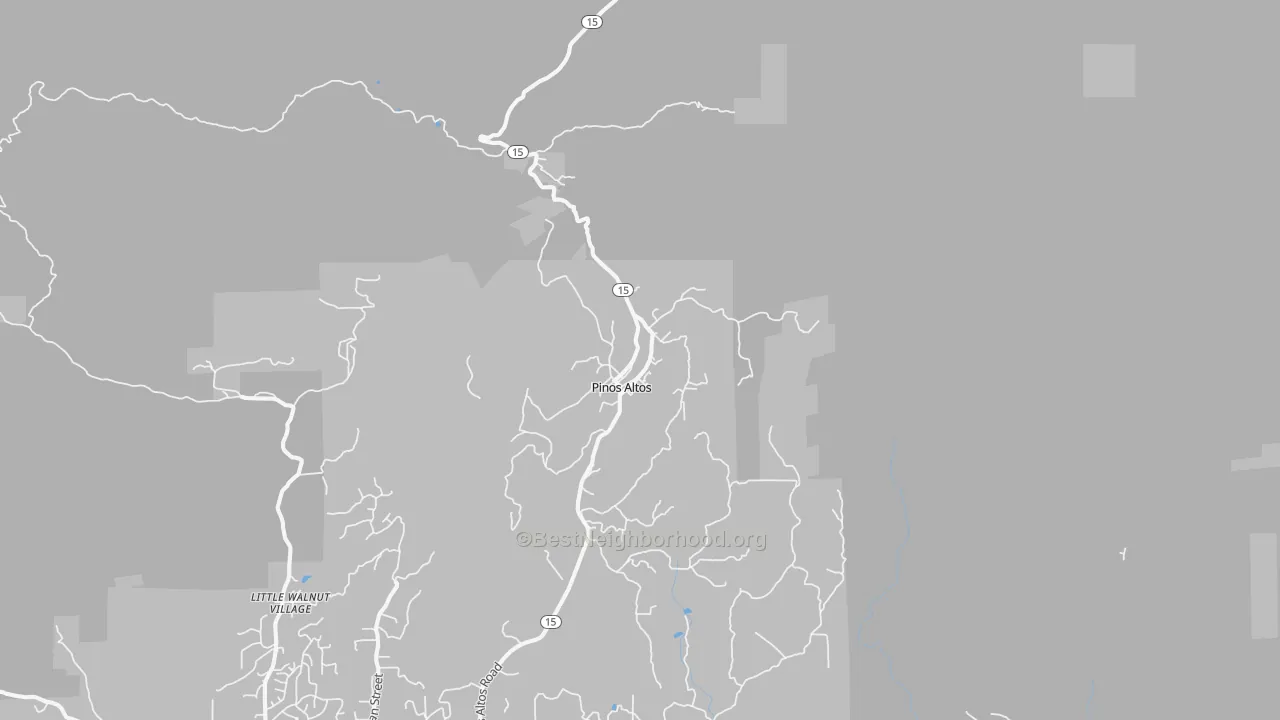 Walk Grade map of Pinos Altos, NM, walkable areas in green and car-dependent areas in red