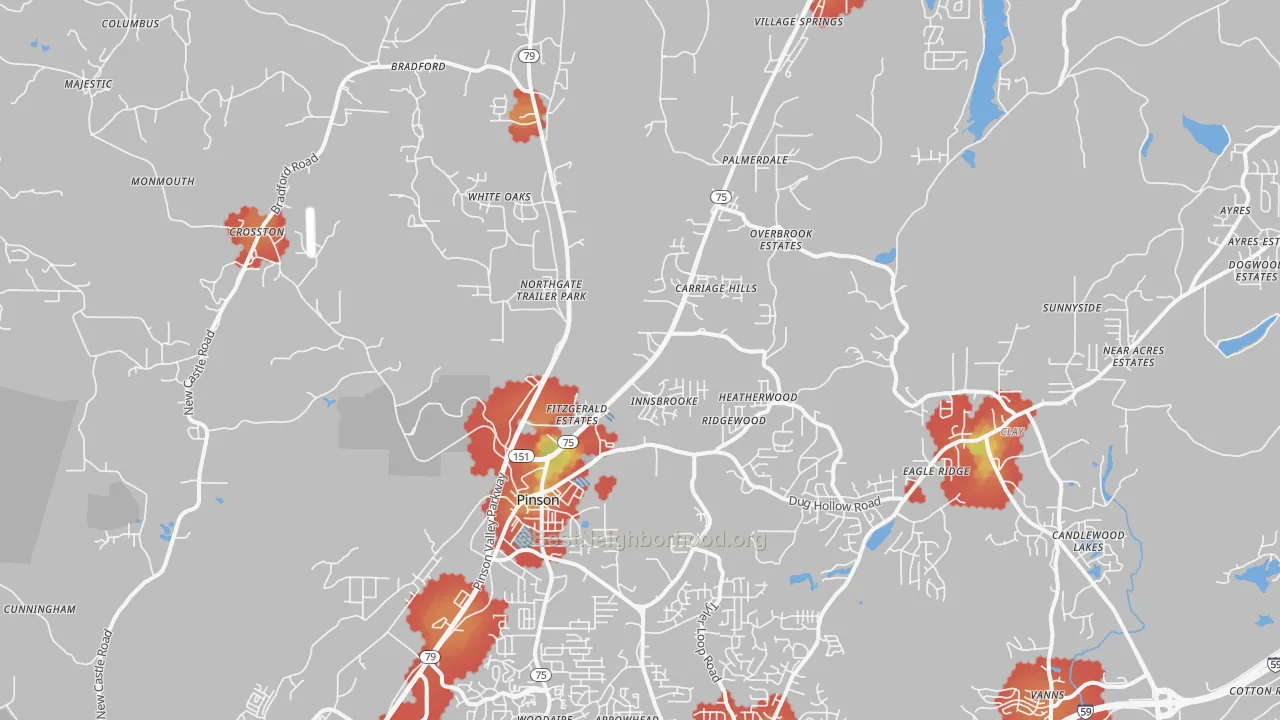 Walk Grade map of Pinson, AL, walkable areas in green and car-dependent areas in red