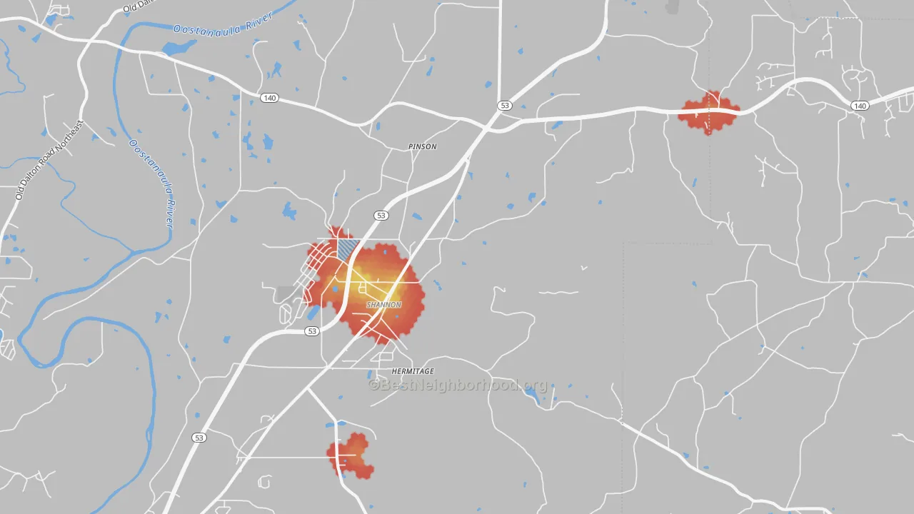 Walk Grade map of Pinson, GA, walkable areas in green and car-dependent areas in red