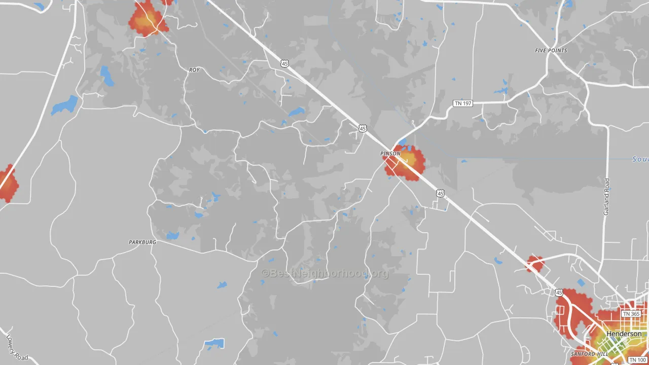 Walk Grade map of Pinson, TN, walkable areas in green and car-dependent areas in red