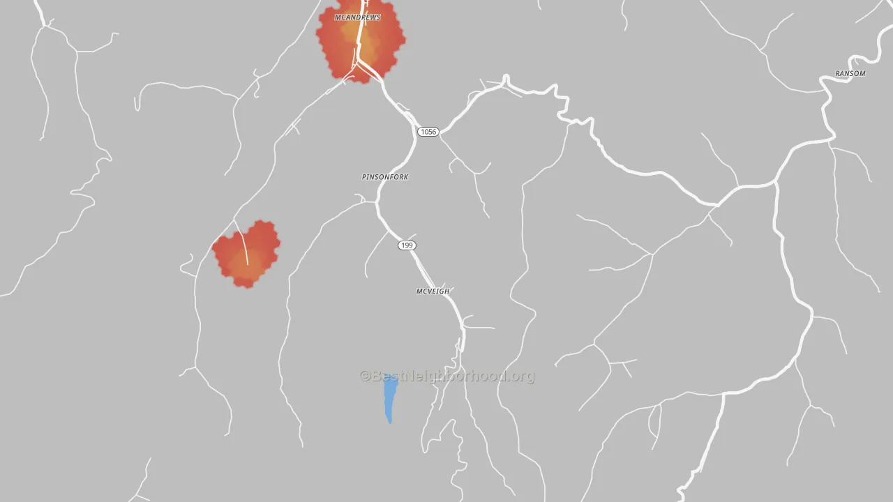 Walk Grade map of Pinsonfork, KY, walkable areas in green and car-dependent areas in red