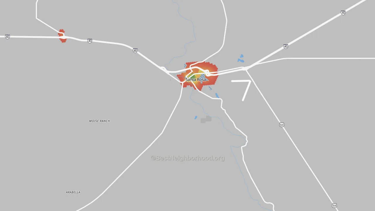 Walk Grade map of Pintada, NM, walkable areas in green and car-dependent areas in red
