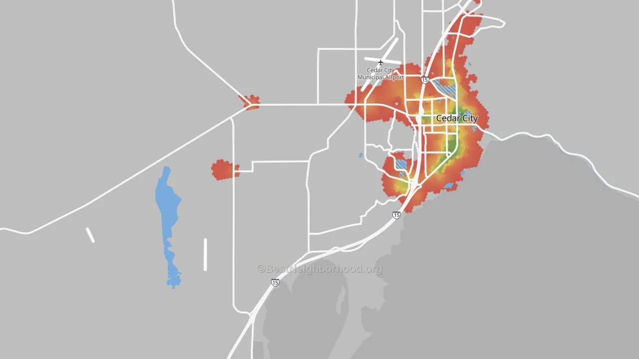 Walk Grade map of Pintura, UT, walkable areas in green and car-dependent areas in red