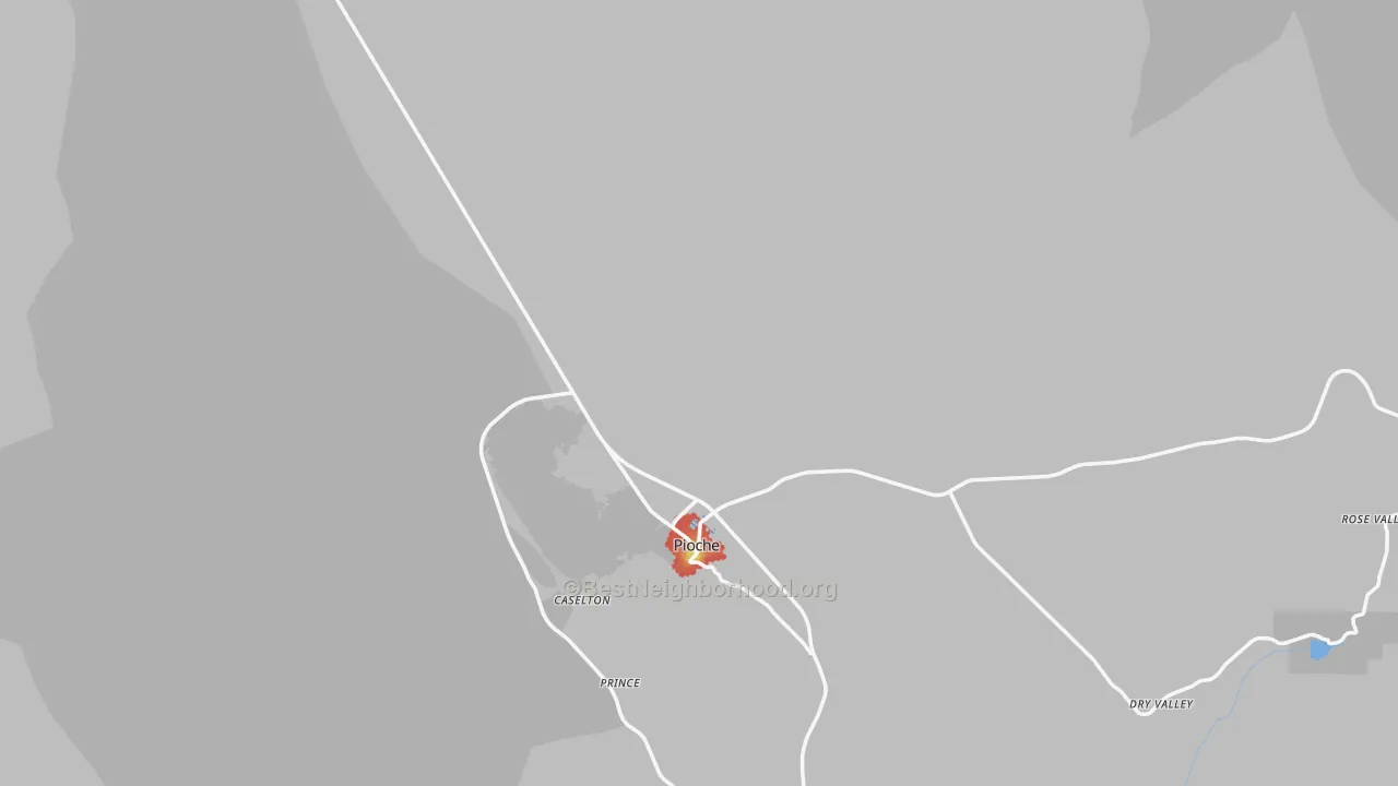 Walk Grade map of Pioche, NV, walkable areas in green and car-dependent areas in red