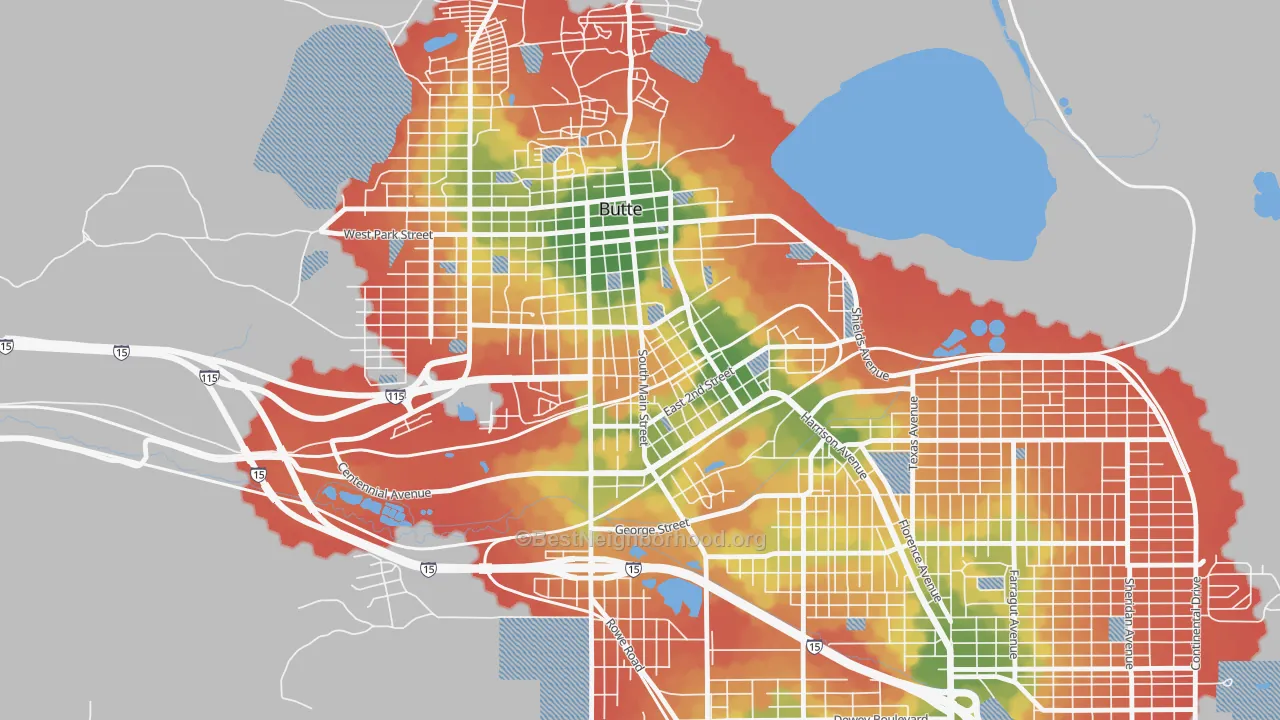 Walk Grade map of Pioneer, Butte, MT, walkable areas in green and car-dependent areas in red