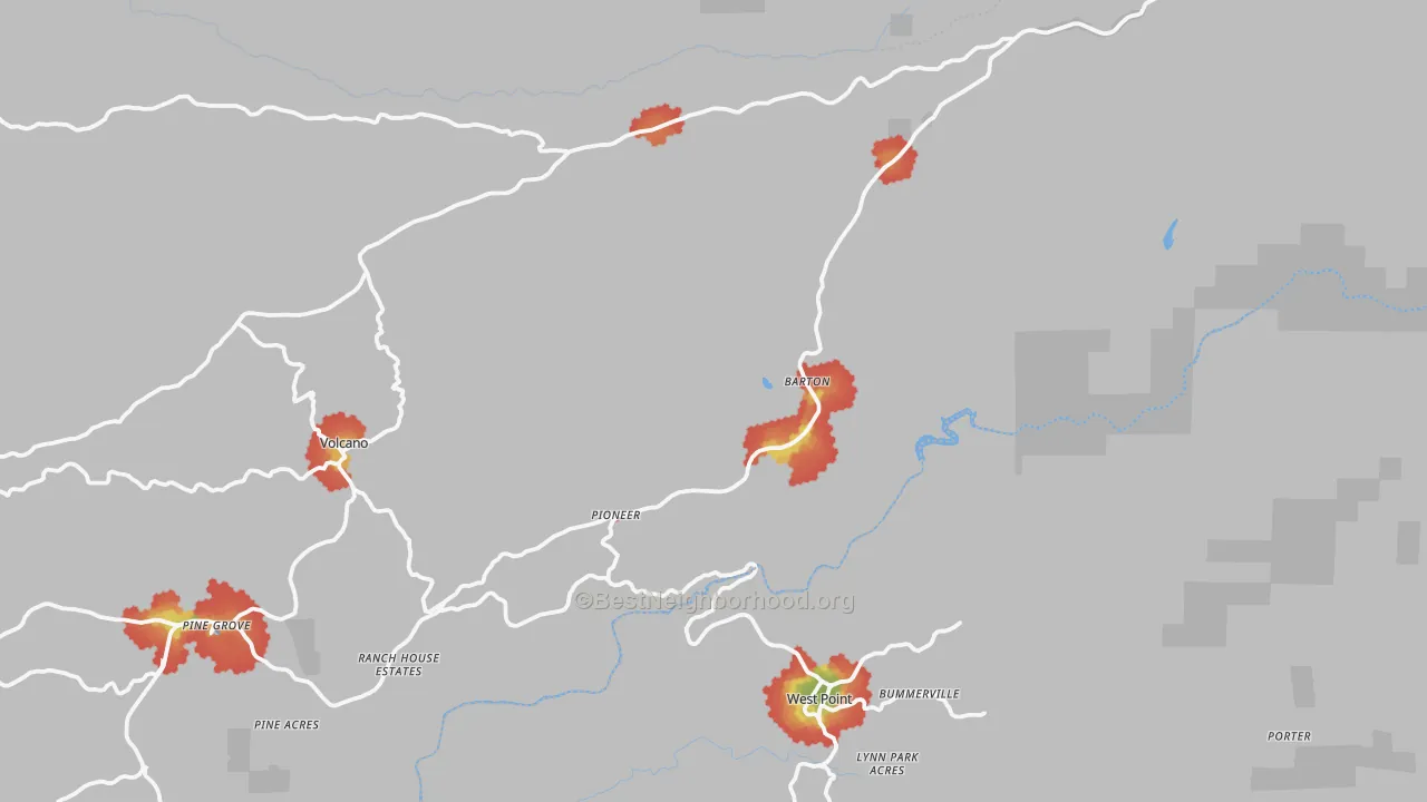 Walk Grade map of Pioneer, CA, walkable areas in green and car-dependent areas in red