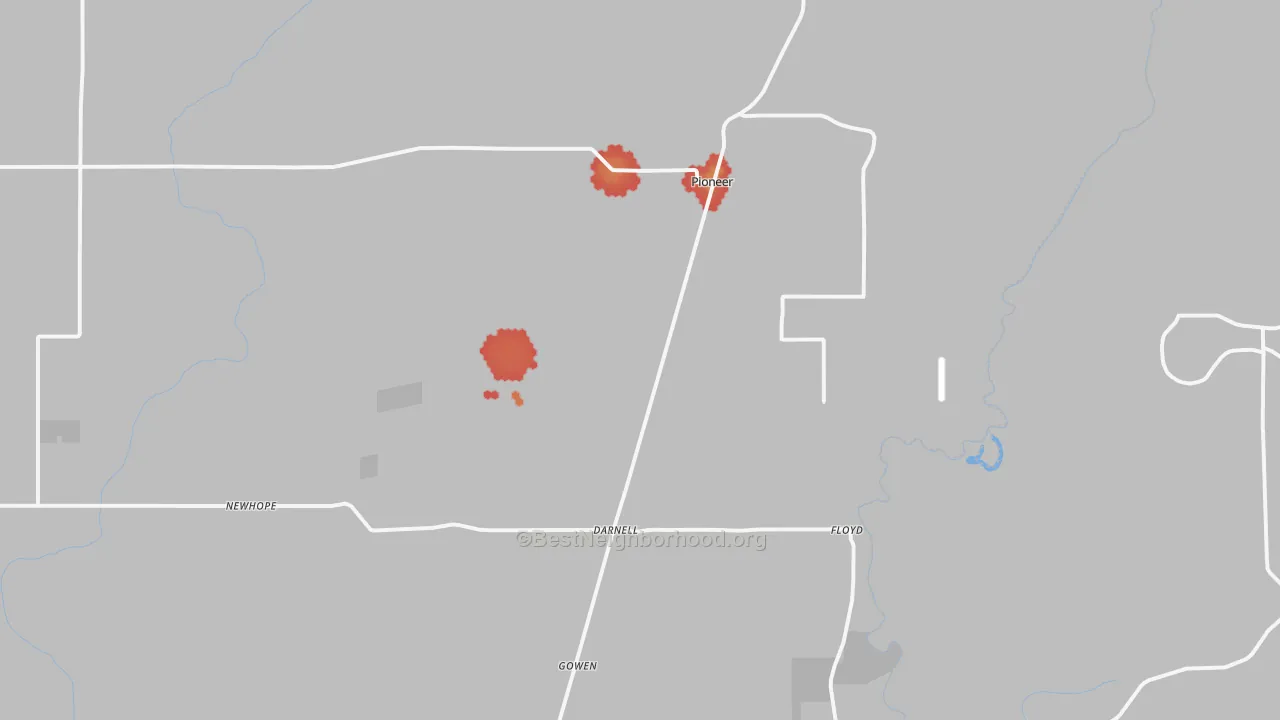 Walk Grade map of Pioneer, LA, walkable areas in green and car-dependent areas in red