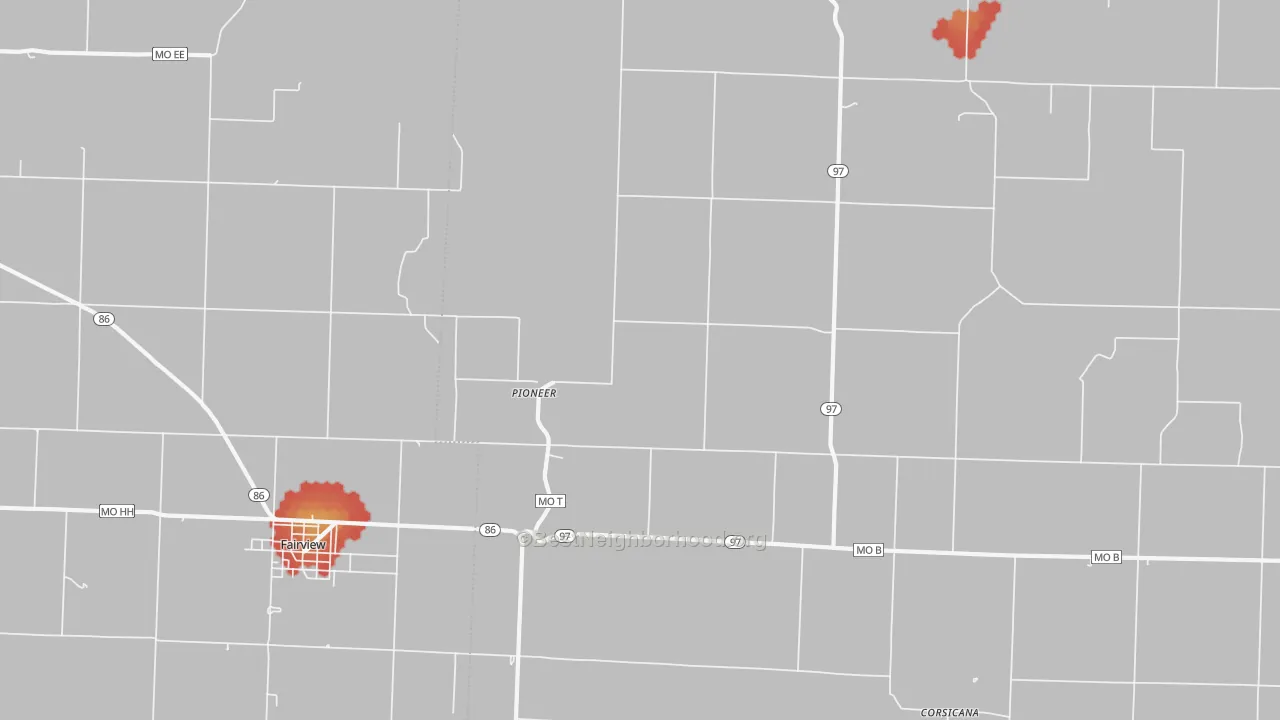 Walk Grade map of Pioneer, MO, walkable areas in green and car-dependent areas in red