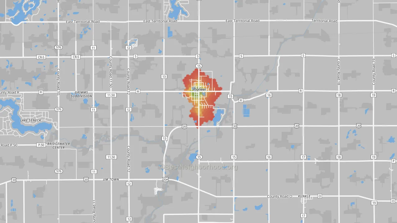 Walk Grade map of Pioneer, OH, walkable areas in green and car-dependent areas in red