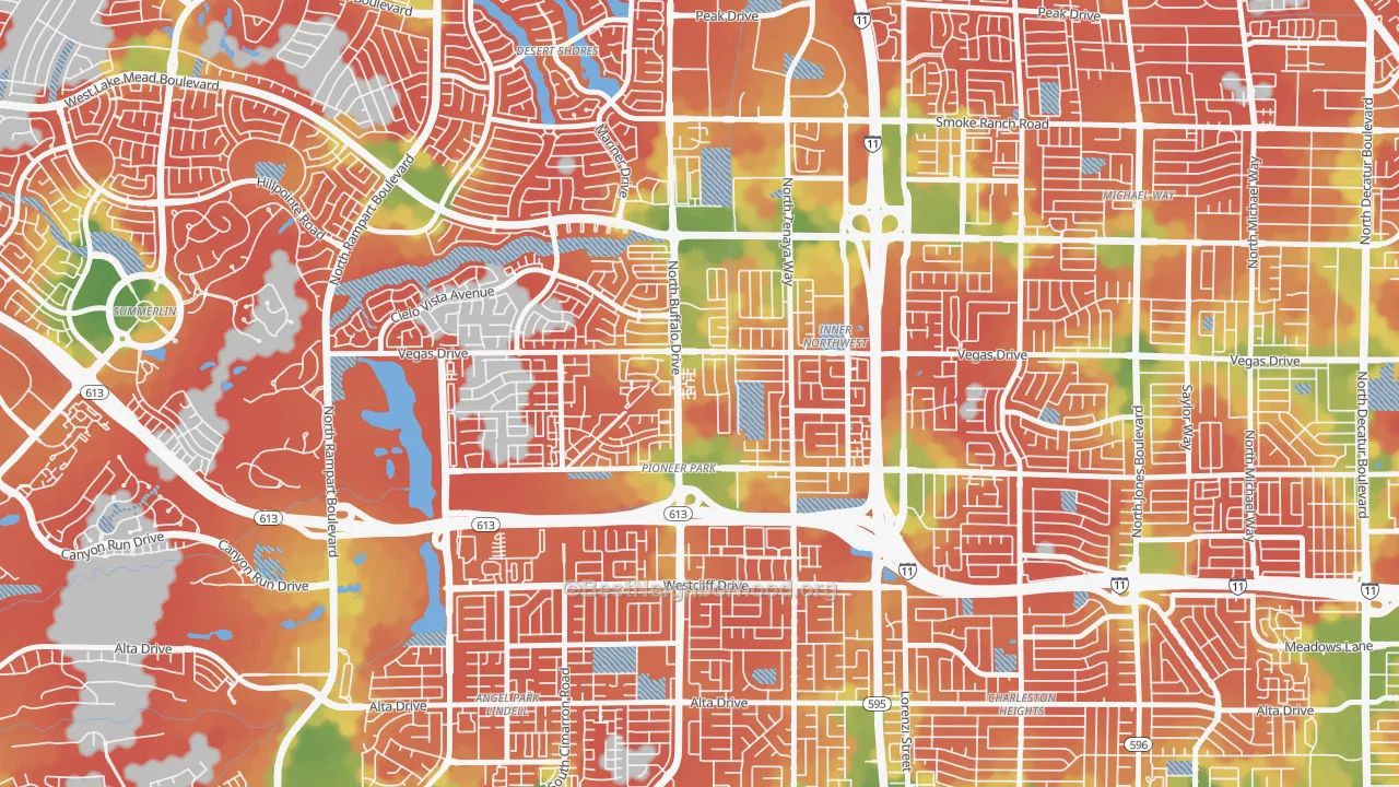 Walk Grade map of Pioneer Park, Las Vegas, NV, walkable areas in green and car-dependent areas in red