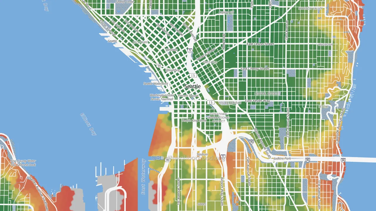 Walk Grade map of Pioneer Square, Seattle, WA, walkable areas in green and car-dependent areas in red