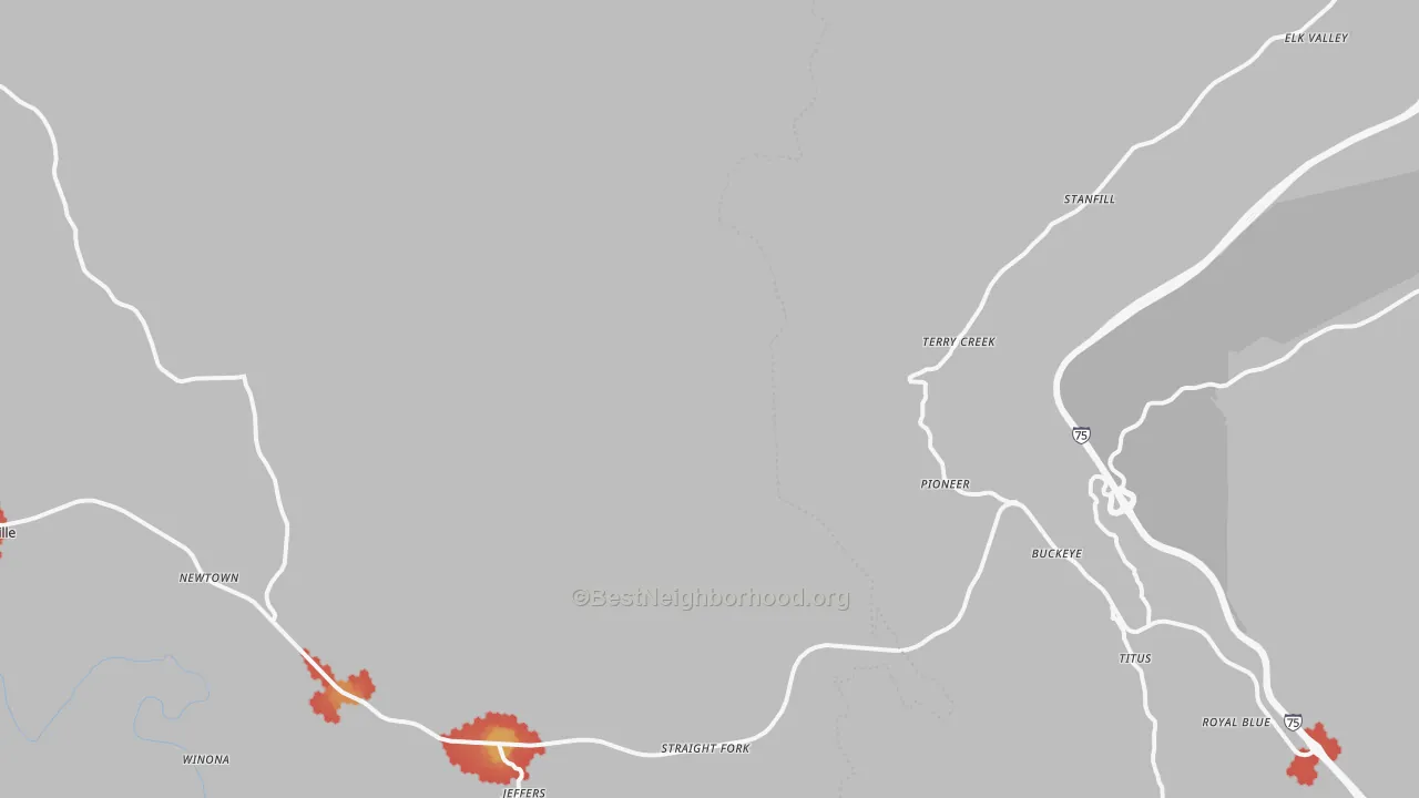 Walk Grade map of Pioneer, TN, walkable areas in green and car-dependent areas in red