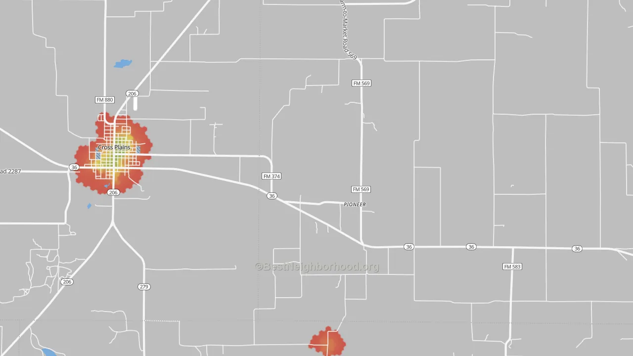 Walk Grade map of Pioneer, TX, walkable areas in green and car-dependent areas in red