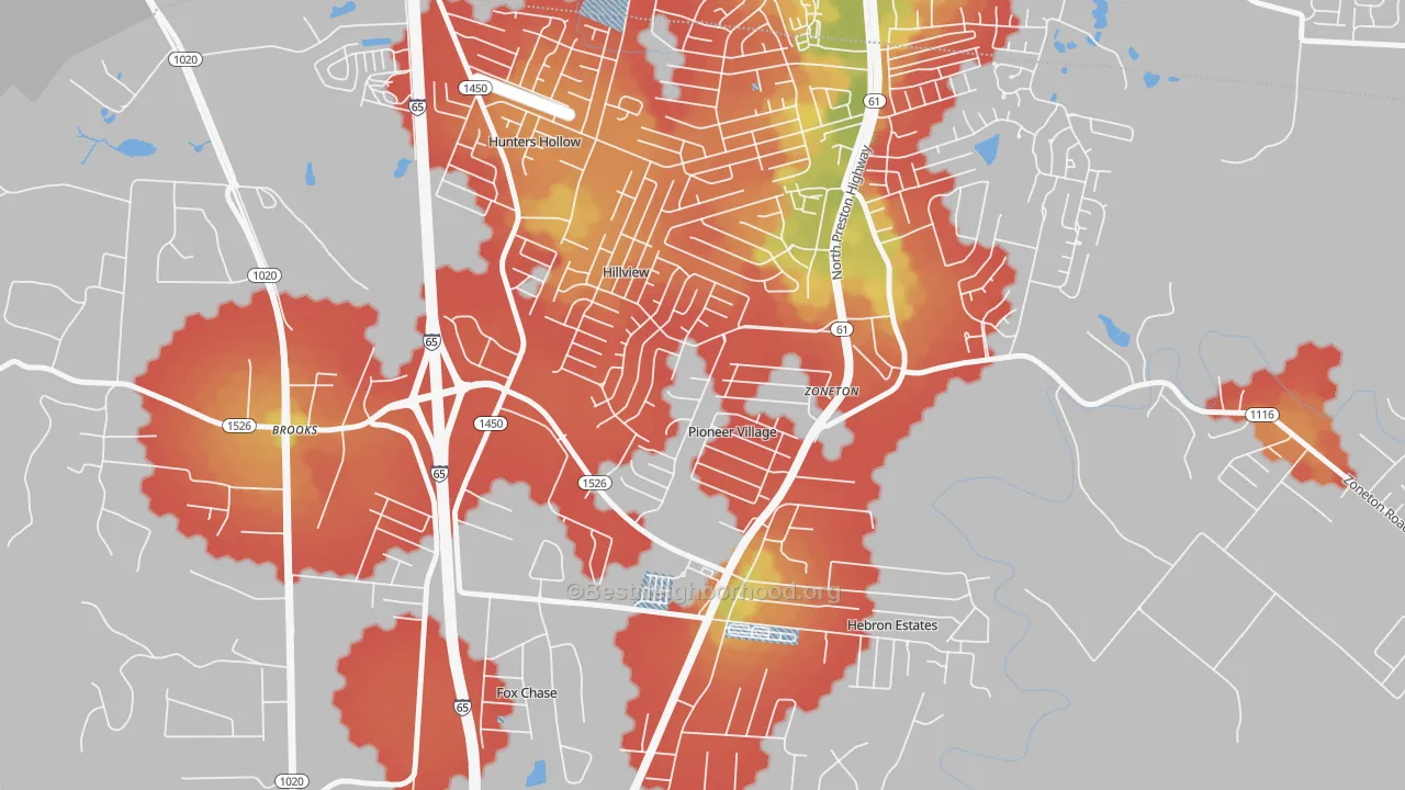 Walk Grade map of Pioneer Village, KY, walkable areas in green and car-dependent areas in red