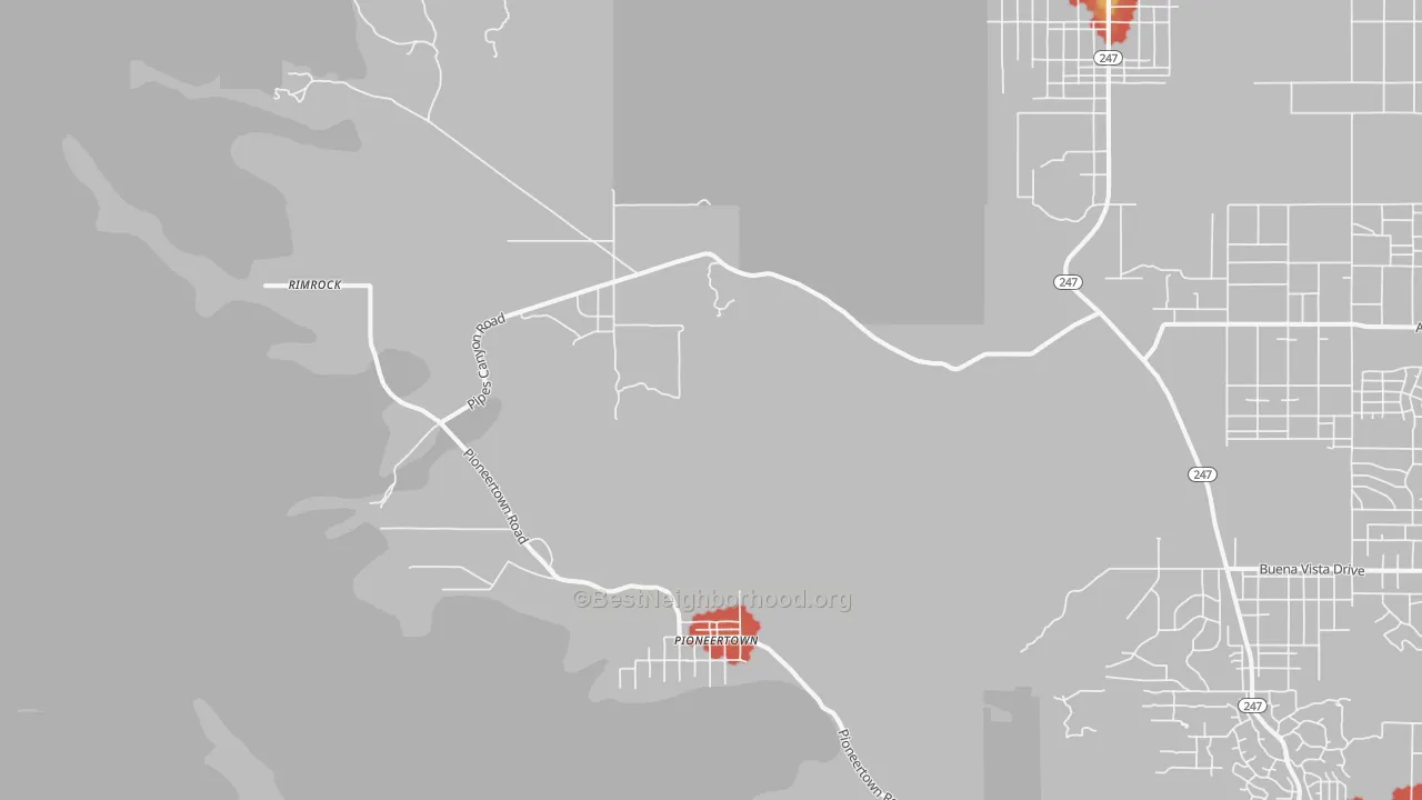 Walk Grade map of Pioneertown, CA, walkable areas in green and car-dependent areas in red