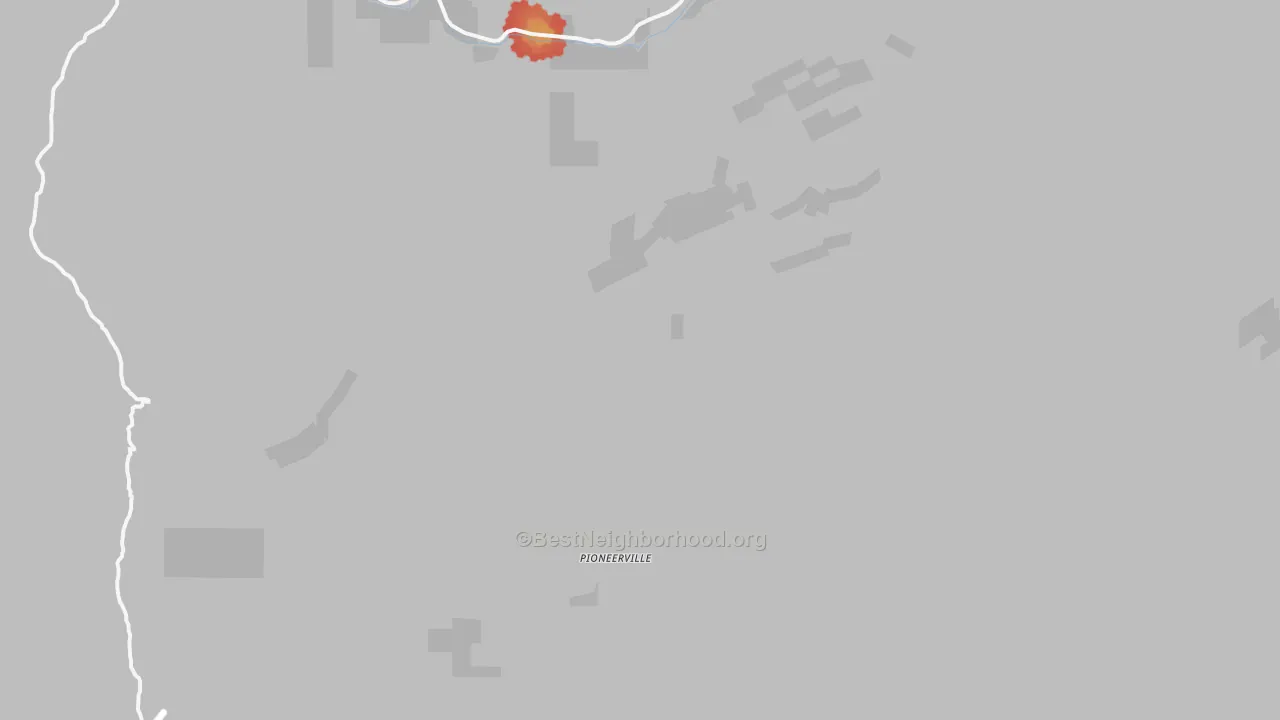 Walk Grade map of Pioneerville, ID, walkable areas in green and car-dependent areas in red