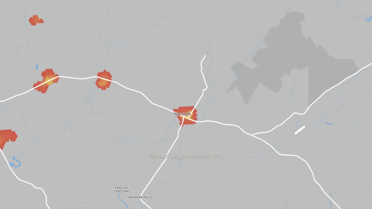 Walk Grade map of Pipe Creek, TX, walkable areas in green and car-dependent areas in red
