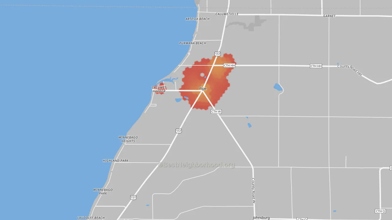 Walk Grade map of Pipe, WI, walkable areas in green and car-dependent areas in red