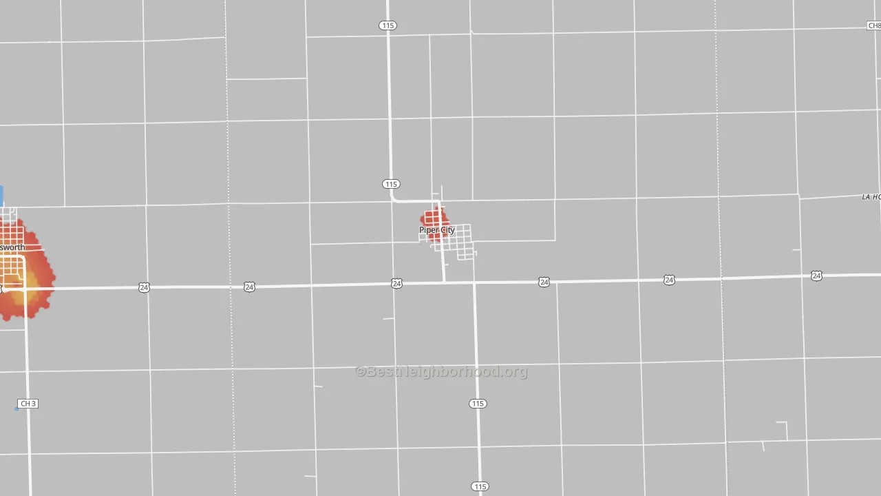 Walk Grade map of Piper City, IL, walkable areas in green and car-dependent areas in red