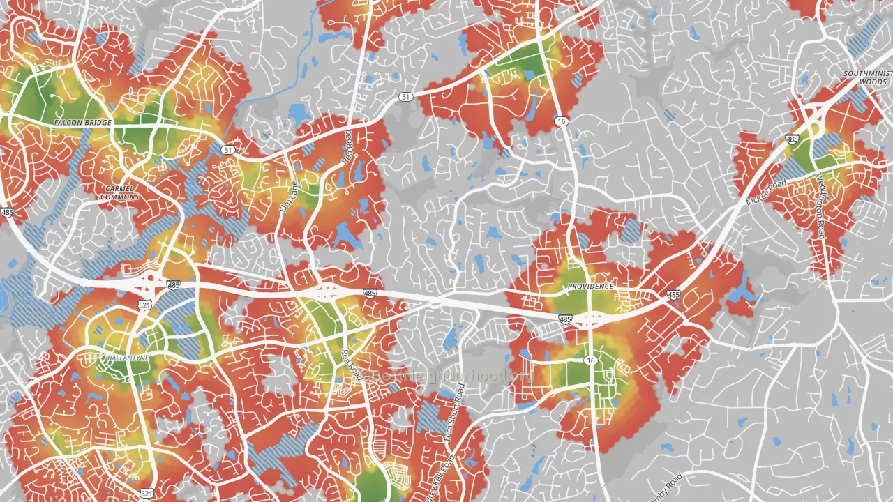 Walk Grade map of Piper Glen Estates, Charlotte, NC, walkable areas in green and car-dependent areas in red