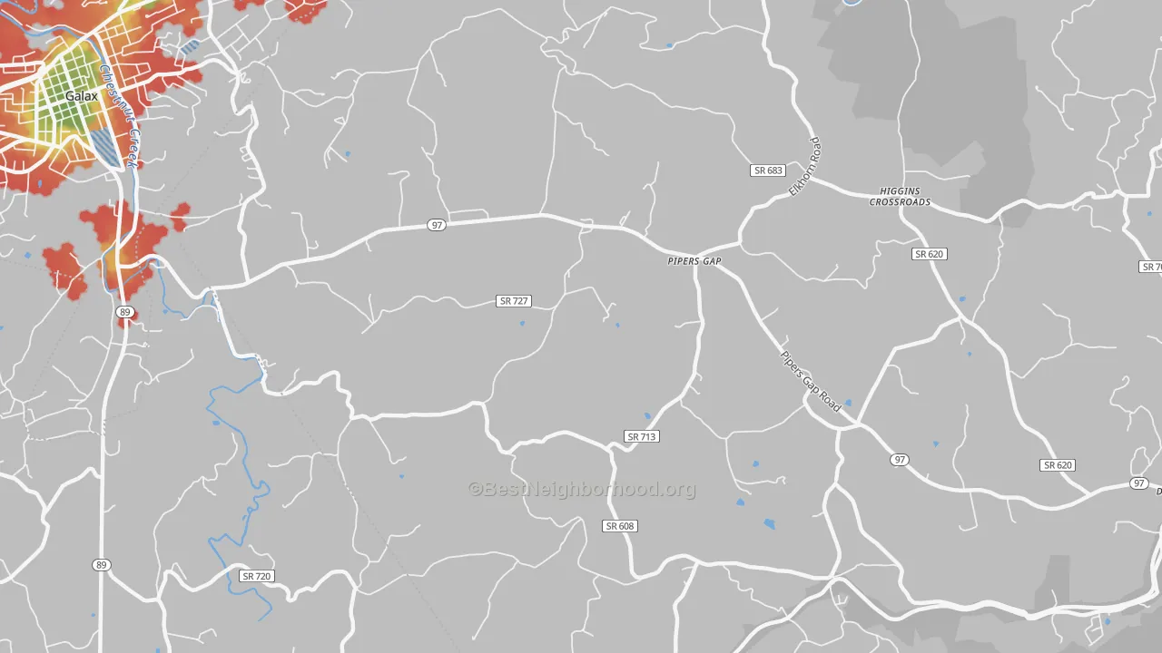 Walk Grade map of Pipers Gap, VA, walkable areas in green and car-dependent areas in red