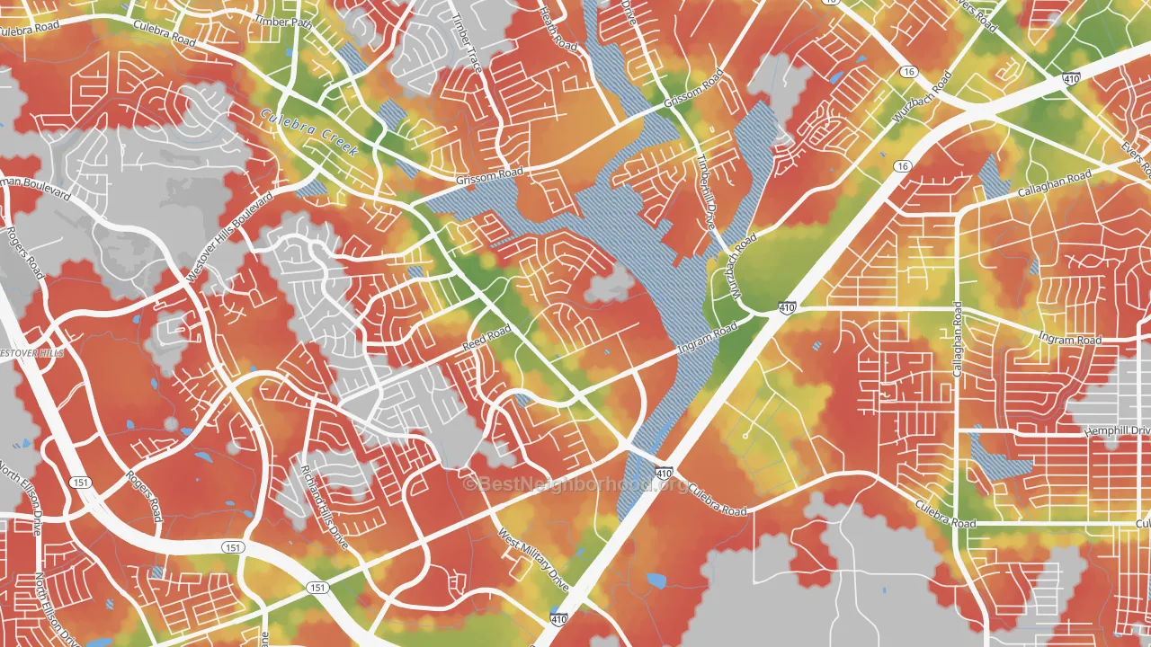 Walk Grade map of Pipers Meadow, San Antonio, TX, walkable areas in green and car-dependent areas in red