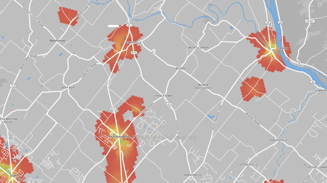 Walk Grade map of Pipersville, PA, walkable areas in green and car-dependent areas in red