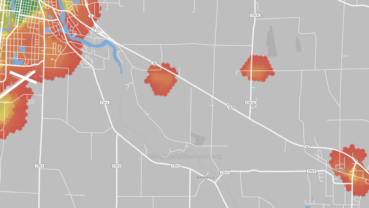 Walk Grade map of Pipersville, WI, walkable areas in green and car-dependent areas in red