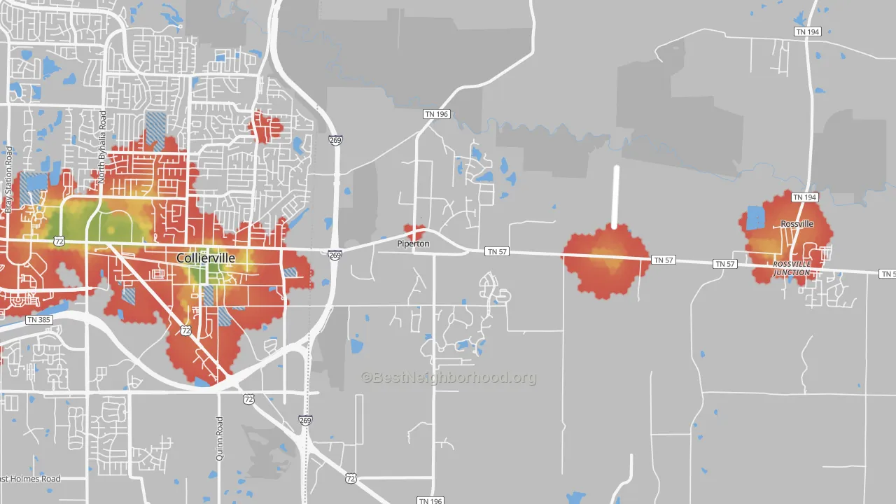 Walk Grade map of Piperton, TN, walkable areas in green and car-dependent areas in red