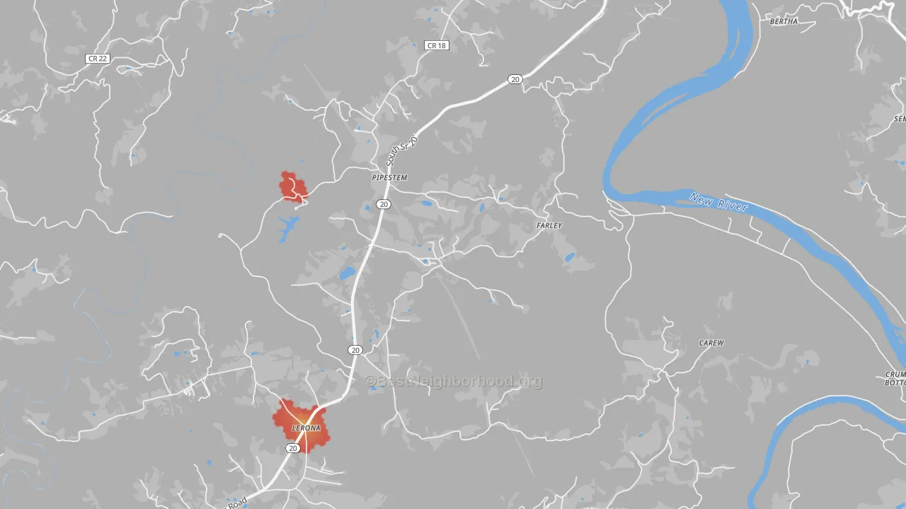 Walk Grade map of Pipestem, WV, walkable areas in green and car-dependent areas in red