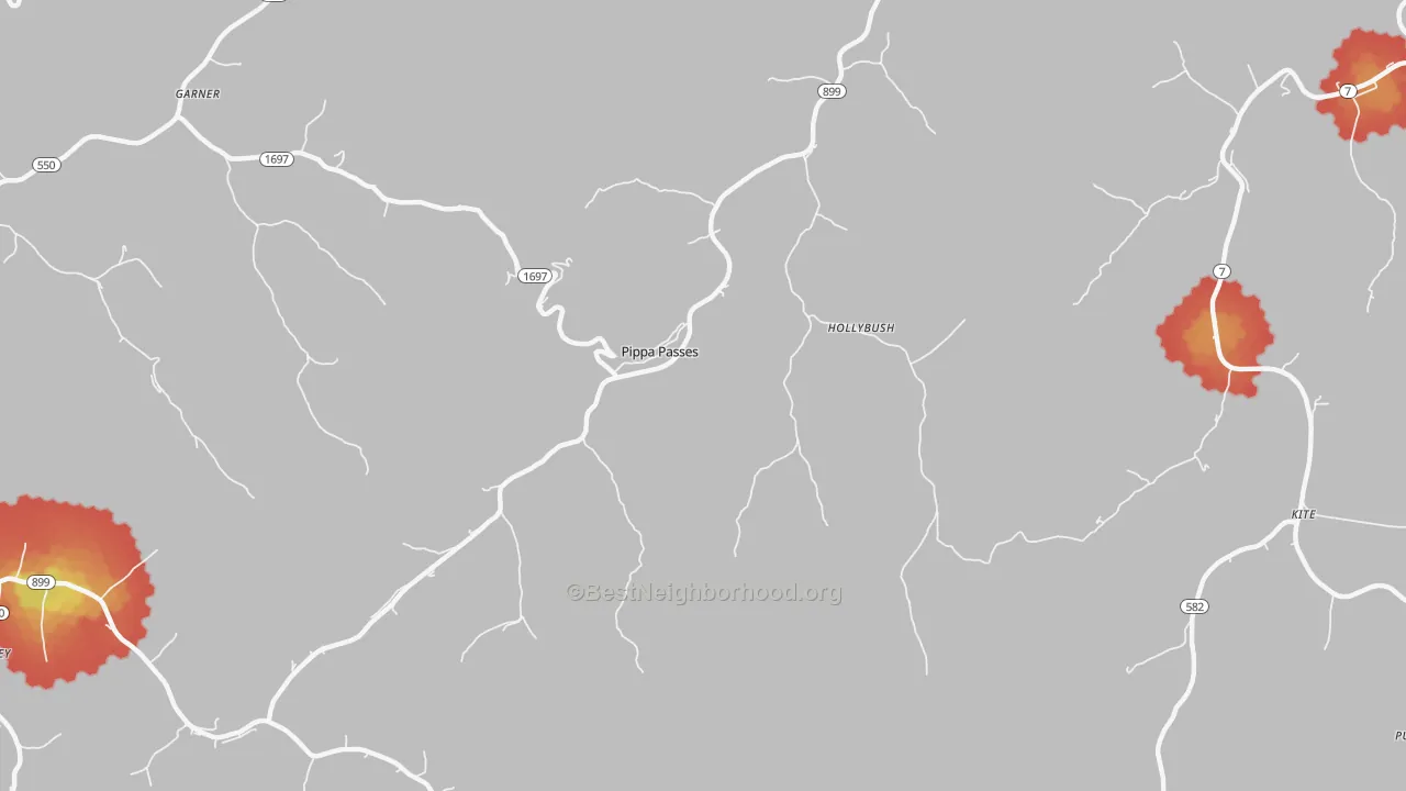 Walk Grade map of Pippa Passes, KY, walkable areas in green and car-dependent areas in red