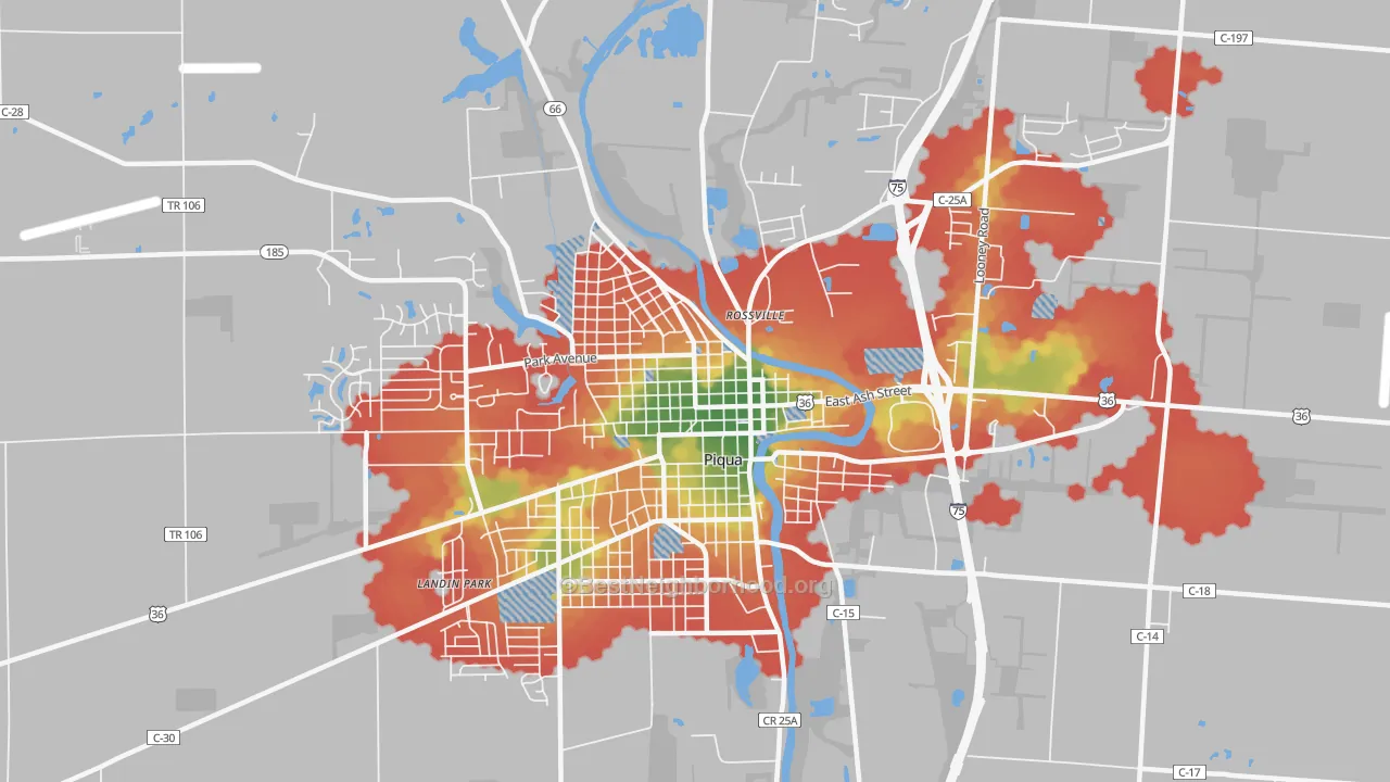 Walk Grade map of Piqua Historic District, Piqua, OH, walkable areas in green and car-dependent areas in red