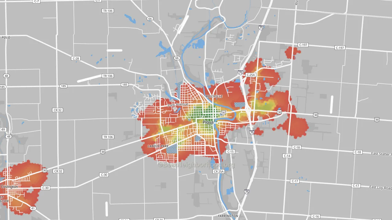 Walk Grade map of Piqua, OH, walkable areas in green and car-dependent areas in red
