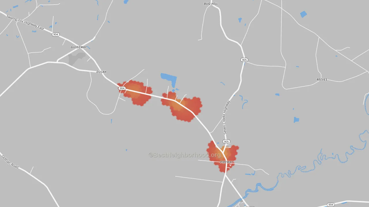 Walk Grade map of Pireway, NC, walkable areas in green and car-dependent areas in red