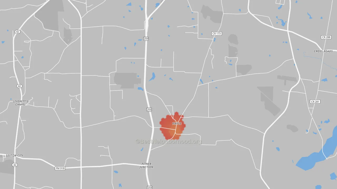 Walk Grade map of Pirtle, TX, walkable areas in green and car-dependent areas in red