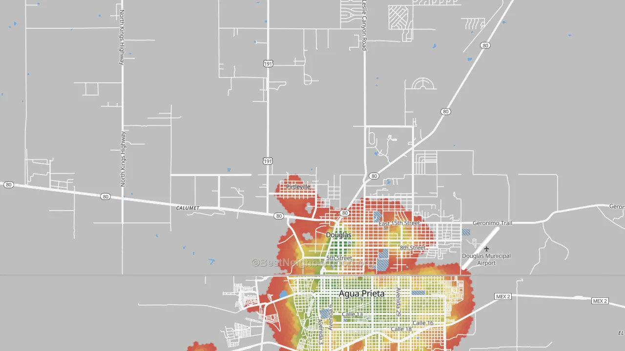 Walk Grade map of Pirtleville, AZ, walkable areas in green and car-dependent areas in red