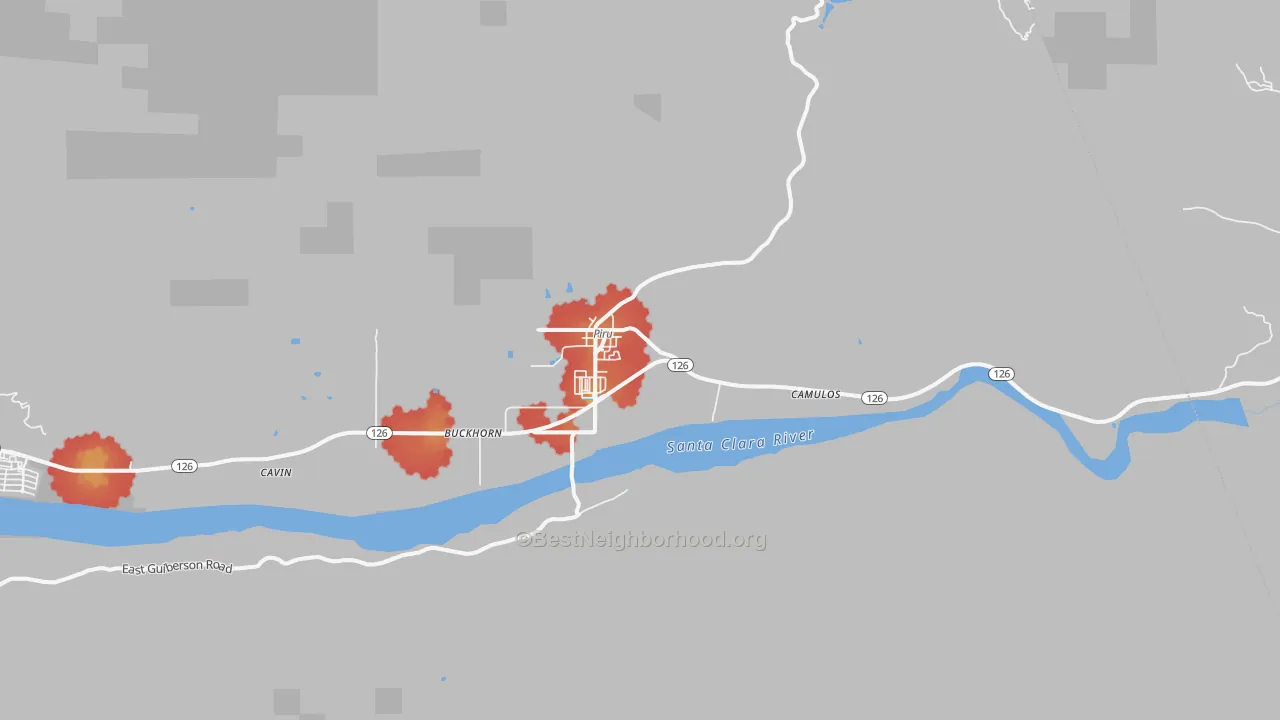 Walk Grade map of Piru, CA, walkable areas in green and car-dependent areas in red