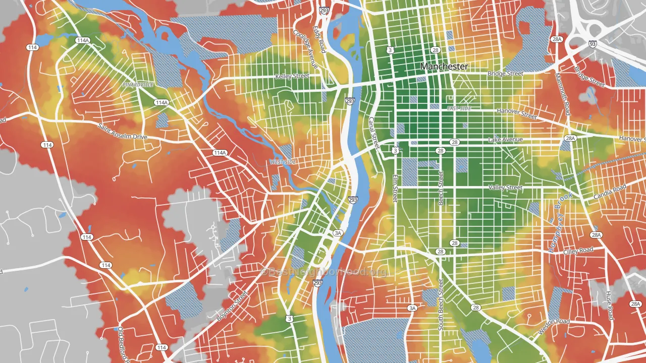 Walk Grade map of Piscataquog, Manchester, NH, walkable areas in green and car-dependent areas in red