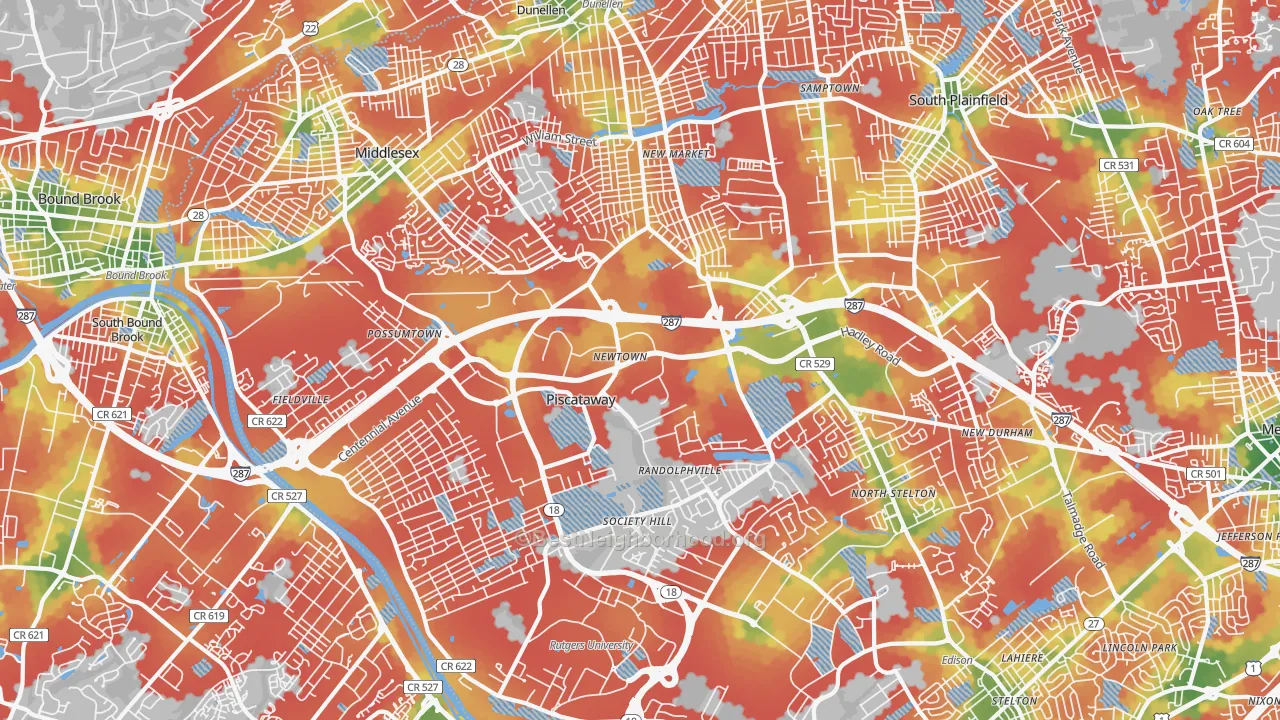 Walk Grade map of Piscataway, NJ, walkable areas in green and car-dependent areas in red