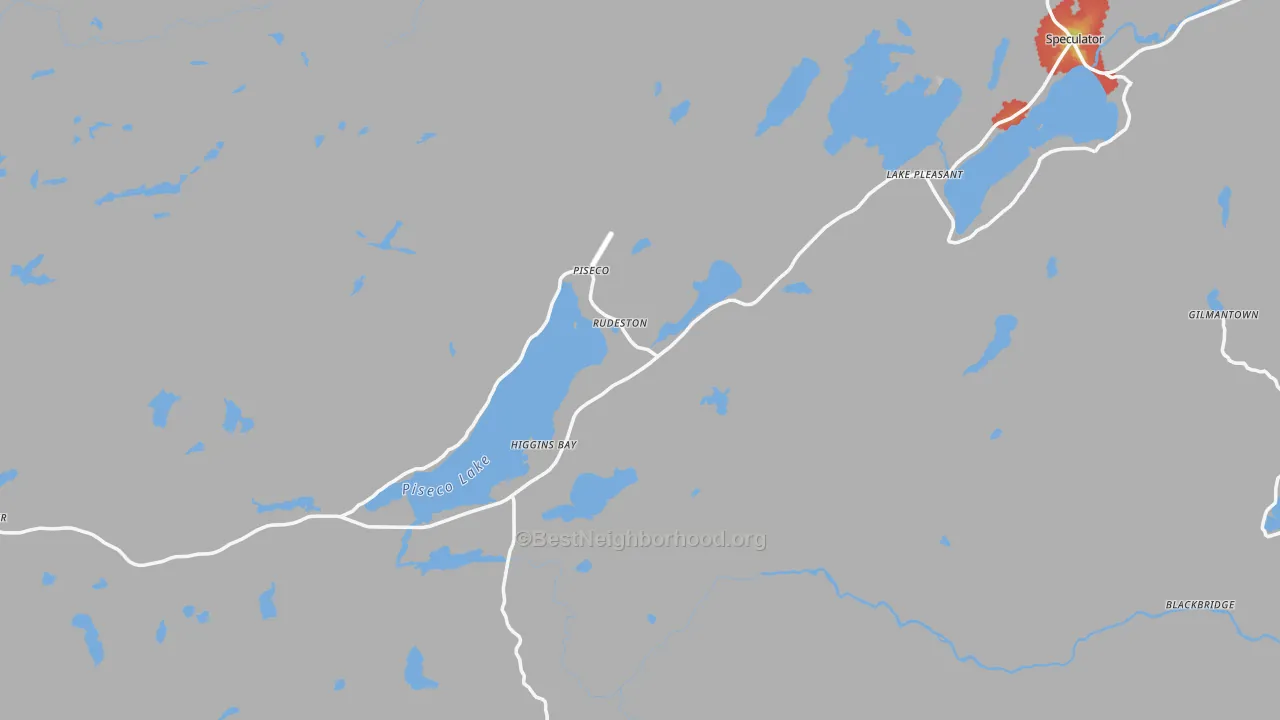 Walk Grade map of Piseco, NY, walkable areas in green and car-dependent areas in red